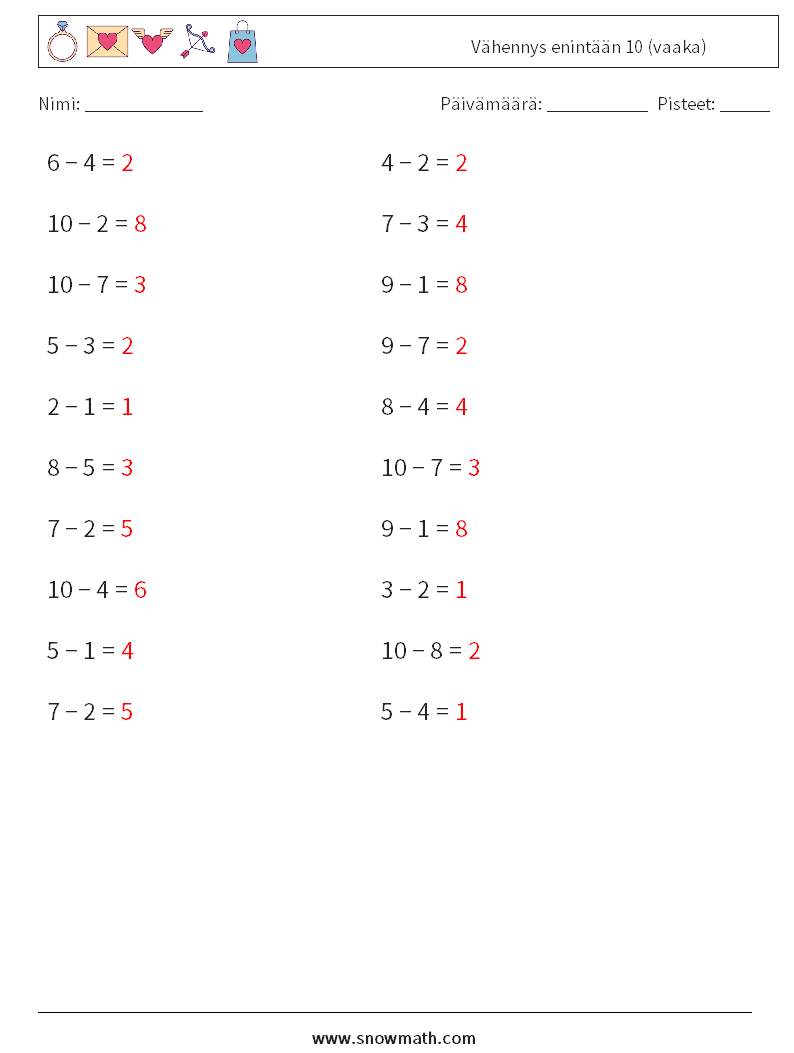 (20) Vähennys enintään 10 (vaaka) Matematiikan laskentataulukot 7 Kysymys, vastaus