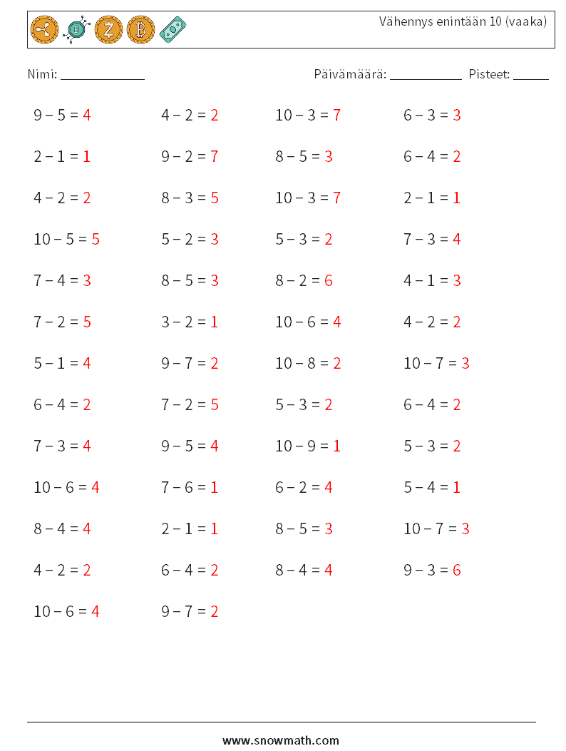 (50) Vähennys enintään 10 (vaaka) Matematiikan laskentataulukot 1 Kysymys, vastaus