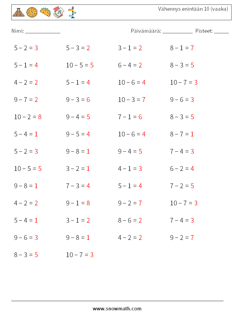 (50) Vähennys enintään 10 (vaaka) Matematiikan laskentataulukot 3 Kysymys, vastaus