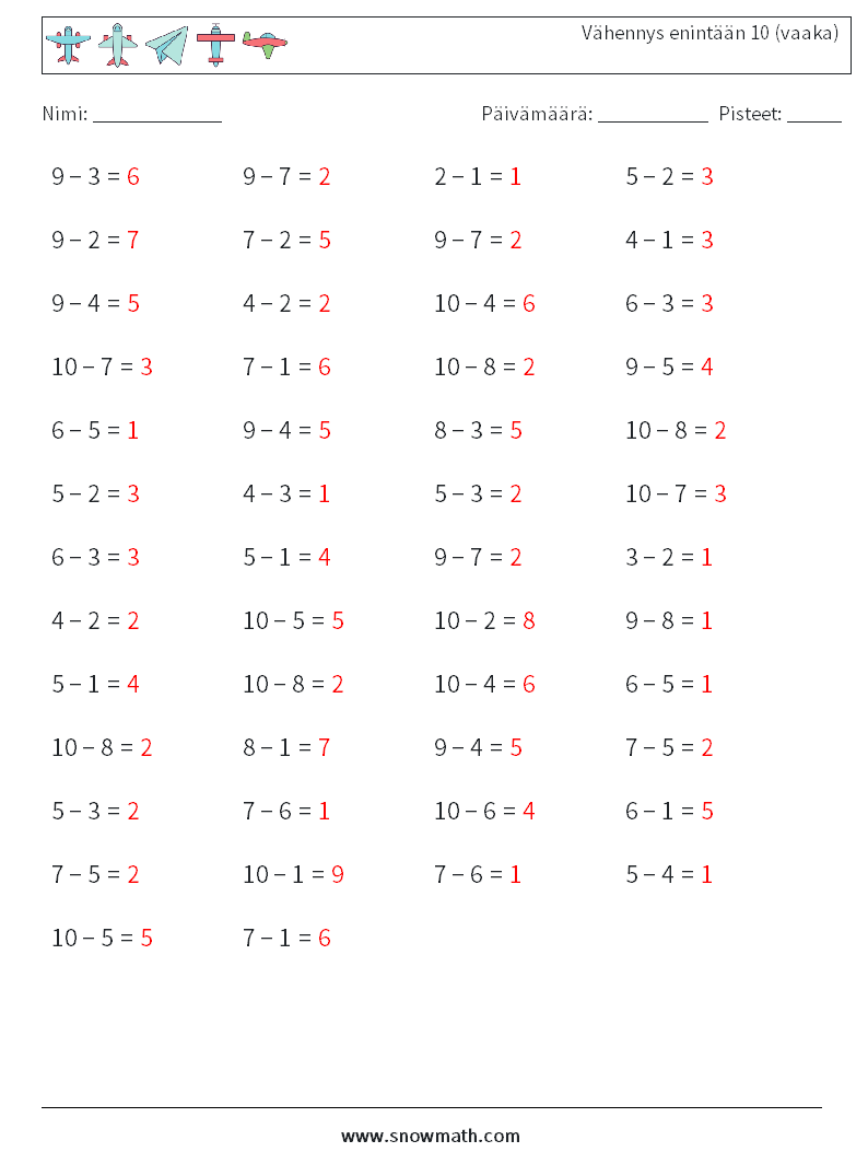 (50) Vähennys enintään 10 (vaaka) Matematiikan laskentataulukot 4 Kysymys, vastaus