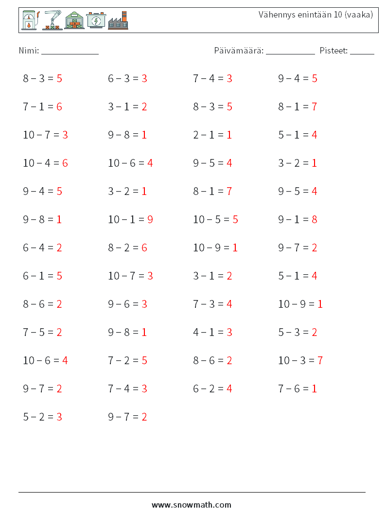 (50) Vähennys enintään 10 (vaaka) Matematiikan laskentataulukot 5 Kysymys, vastaus