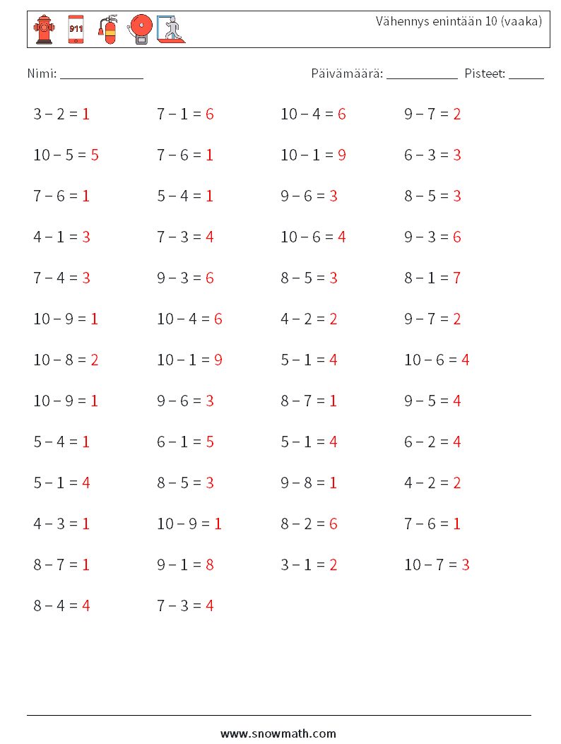 (50) Vähennys enintään 10 (vaaka) Matematiikan laskentataulukot 7 Kysymys, vastaus