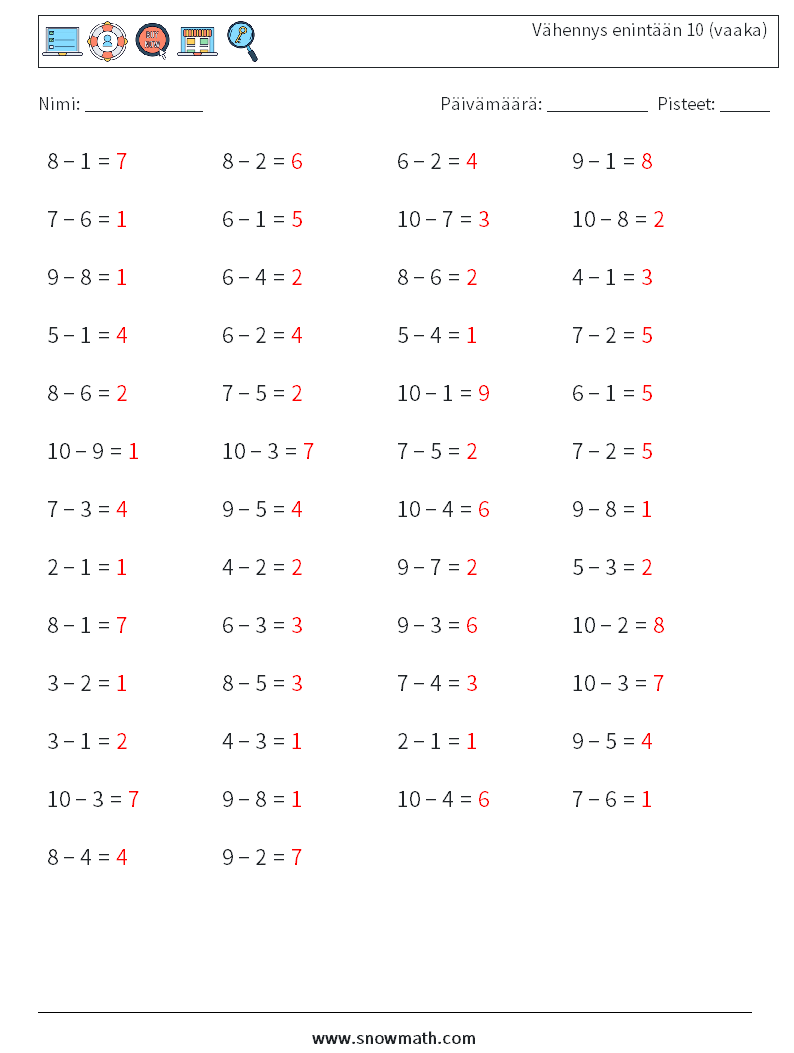 (50) Vähennys enintään 10 (vaaka) Matematiikan laskentataulukot 8 Kysymys, vastaus