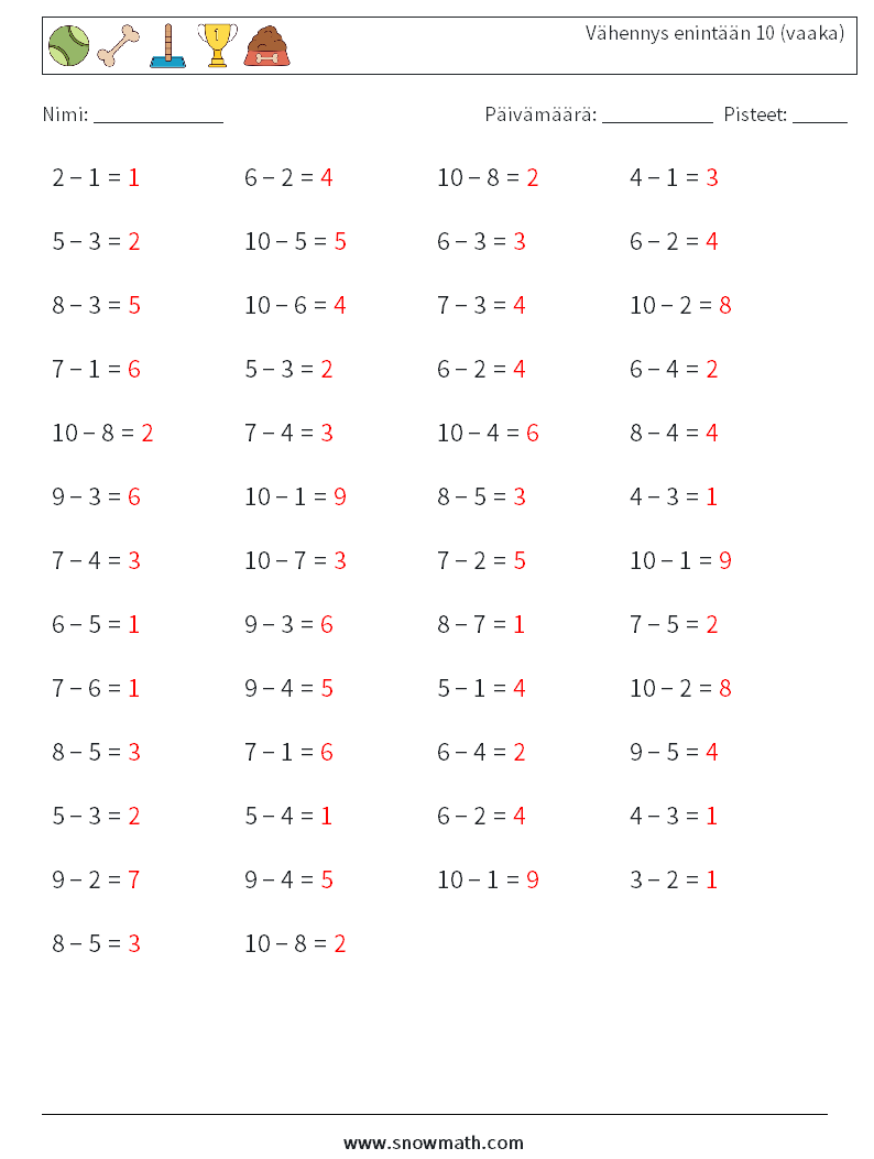 (50) Vähennys enintään 10 (vaaka) Matematiikan laskentataulukot 9 Kysymys, vastaus
