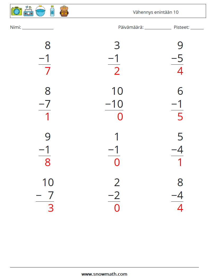 (12) Vähennys enintään 10 Matematiikan laskentataulukot 1 Kysymys, vastaus