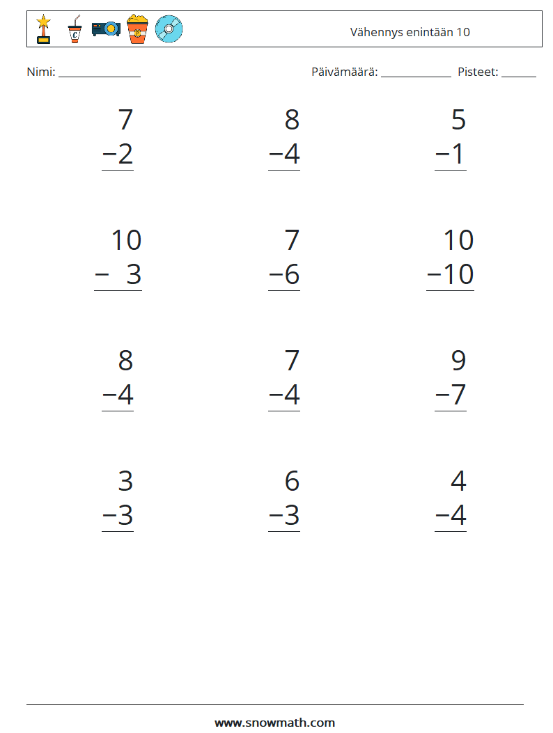 (12) Vähennys enintään 10 Matematiikan laskentataulukot 2
