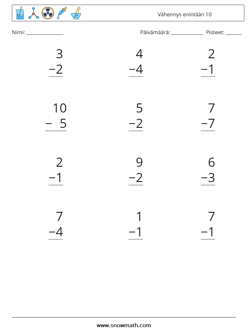 (12) Vähennys enintään 10 Matematiikan laskentataulukot 4