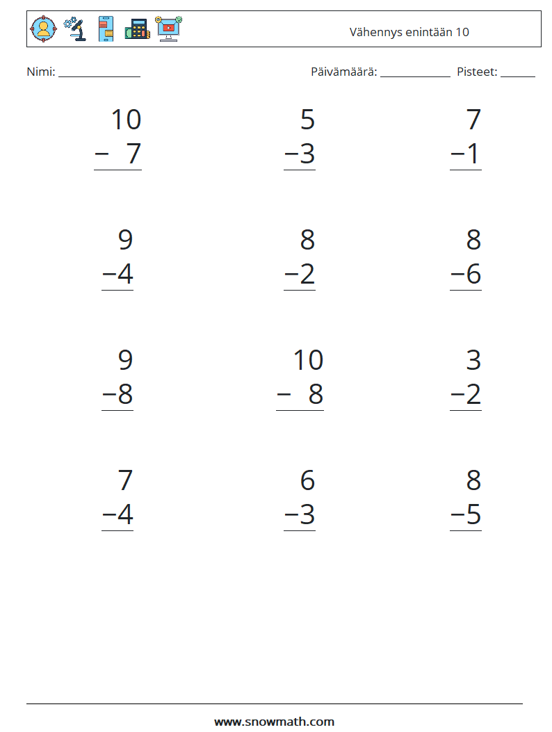(12) Vähennys enintään 10 Matematiikan laskentataulukot 6