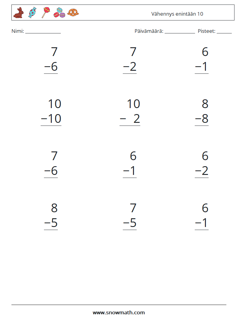 (12) Vähennys enintään 10 Matematiikan laskentataulukot 7