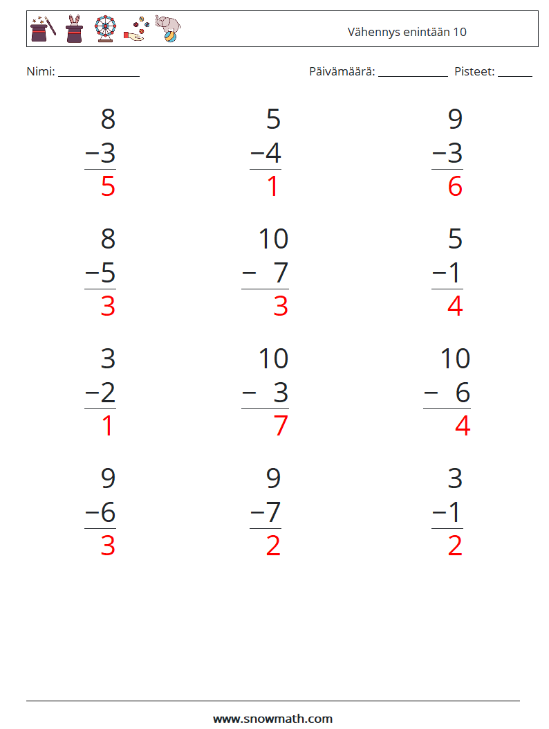 (12) Vähennys enintään 10 Matematiikan laskentataulukot 8 Kysymys, vastaus