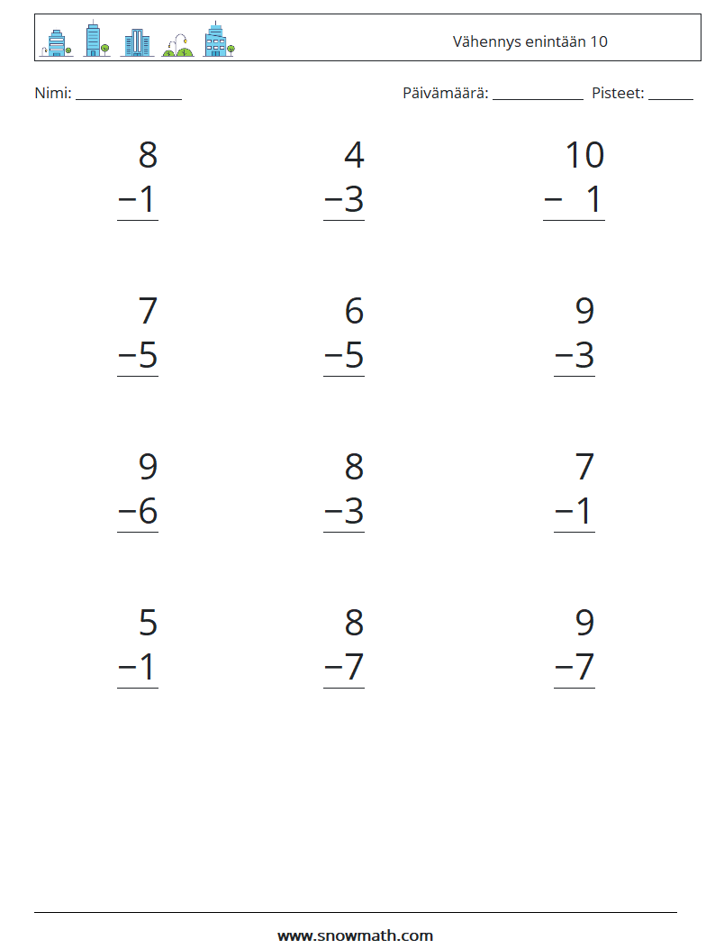 (12) Vähennys enintään 10 Matematiikan laskentataulukot 9