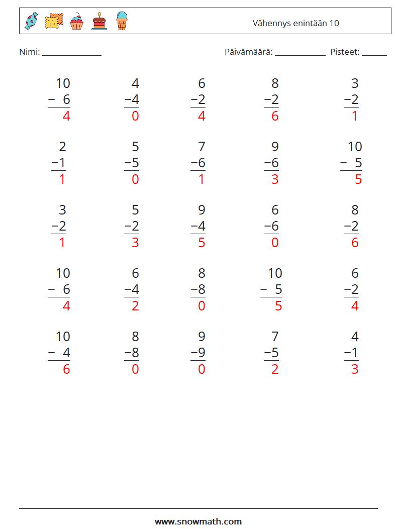 (25) Vähennys enintään 10 Matematiikan laskentataulukot 4 Kysymys, vastaus