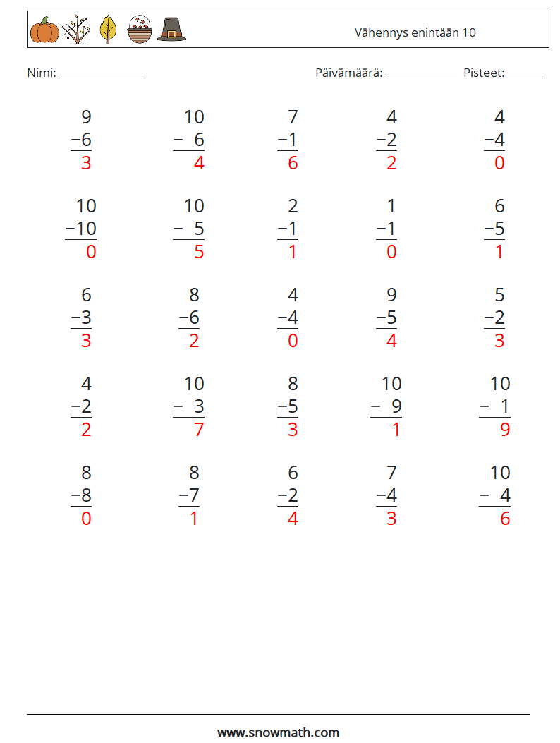 (25) Vähennys enintään 10 Matematiikan laskentataulukot 6 Kysymys, vastaus