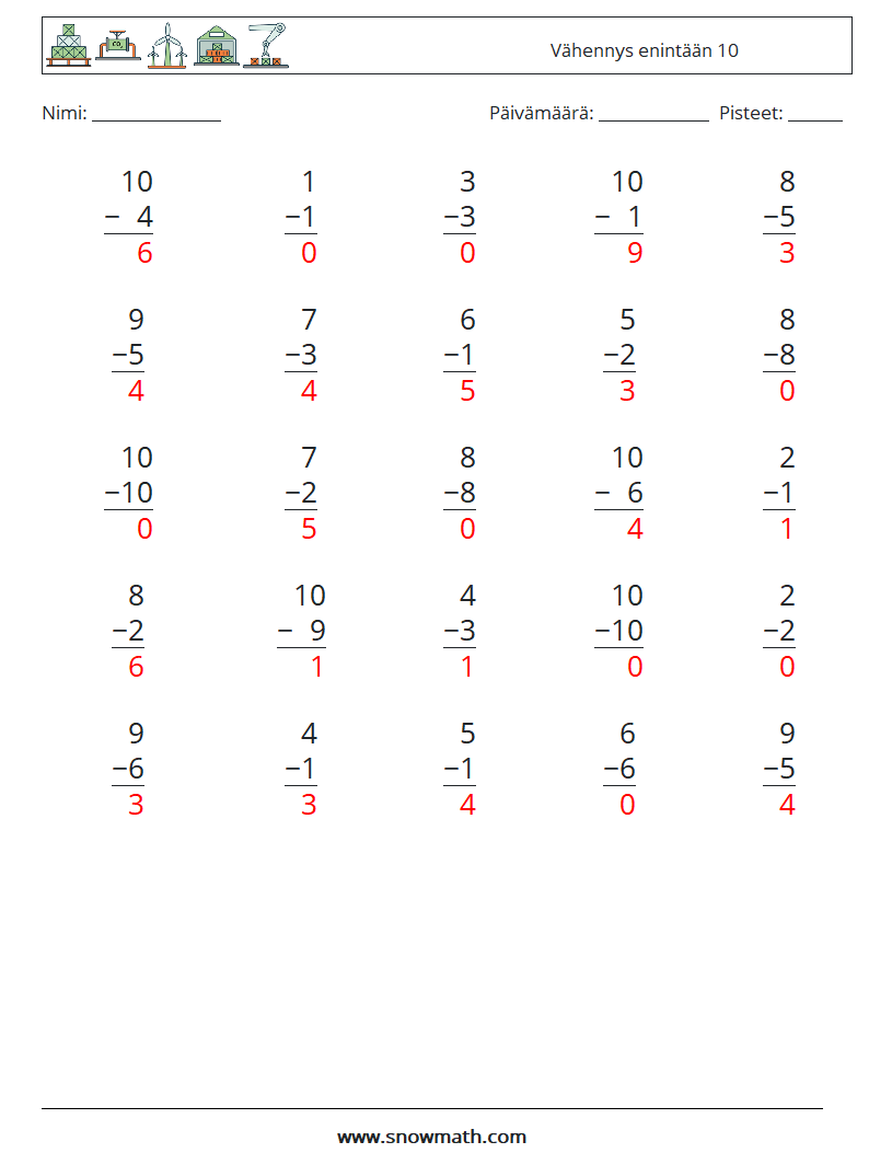 (25) Vähennys enintään 10 Matematiikan laskentataulukot 7 Kysymys, vastaus