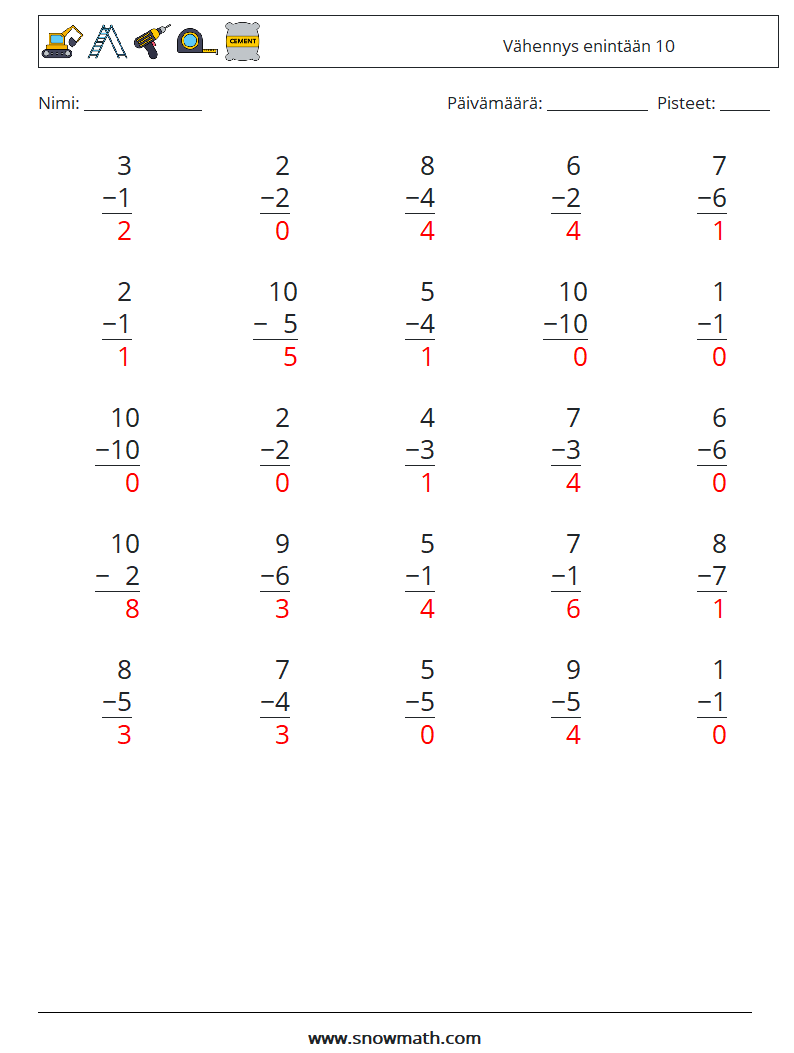(25) Vähennys enintään 10 Matematiikan laskentataulukot 9 Kysymys, vastaus