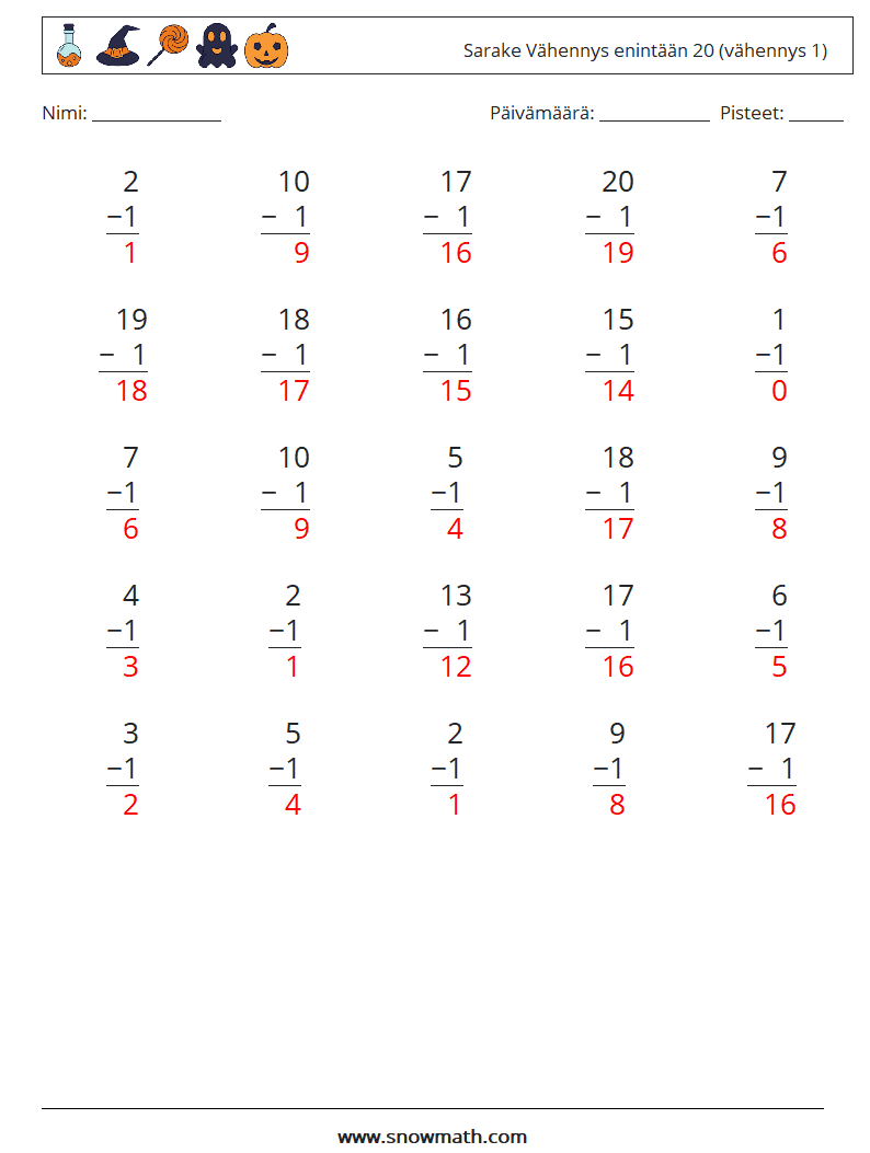 (25) Sarake Vähennys enintään 20 (vähennys 1) Matematiikan laskentataulukot 10 Kysymys, vastaus