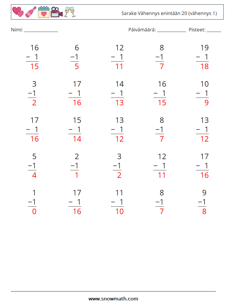 (25) Sarake Vähennys enintään 20 (vähennys 1) Matematiikan laskentataulukot 12 Kysymys, vastaus