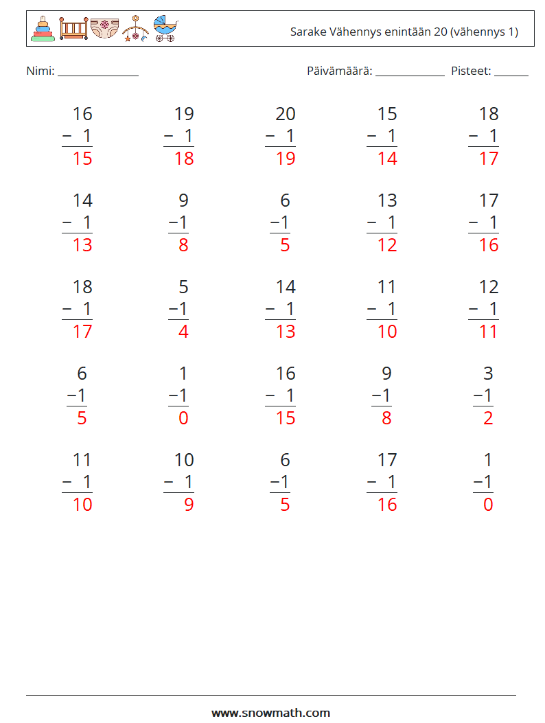 (25) Sarake Vähennys enintään 20 (vähennys 1) Matematiikan laskentataulukot 13 Kysymys, vastaus