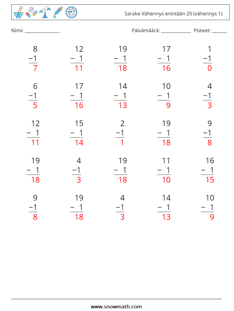 (25) Sarake Vähennys enintään 20 (vähennys 1) Matematiikan laskentataulukot 16 Kysymys, vastaus