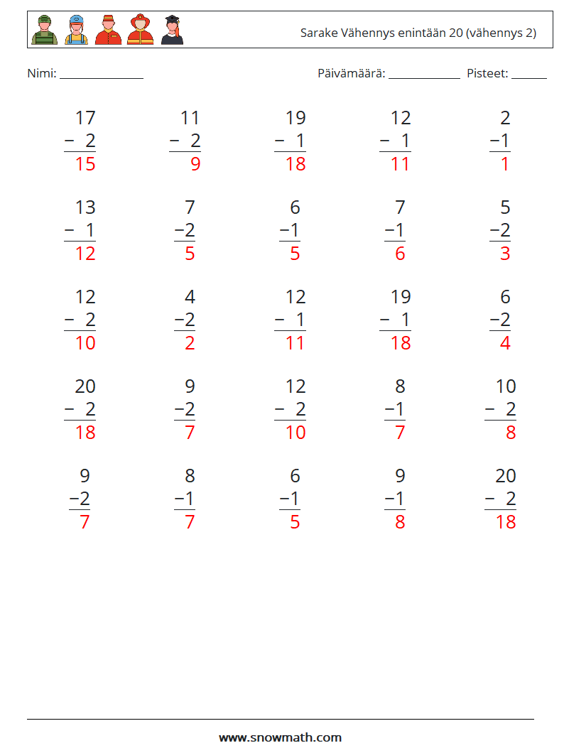 (25) Sarake Vähennys enintään 20 (vähennys 2) Matematiikan laskentataulukot 15 Kysymys, vastaus