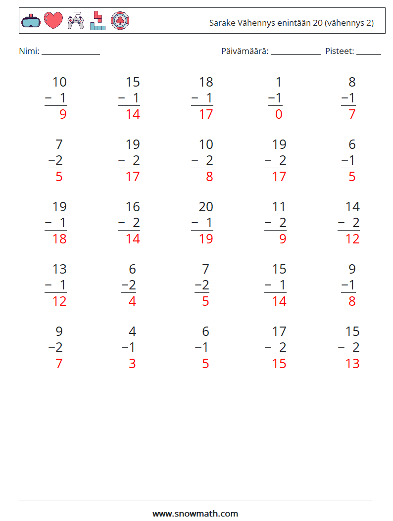 (25) Sarake Vähennys enintään 20 (vähennys 2) Matematiikan laskentataulukot 17 Kysymys, vastaus