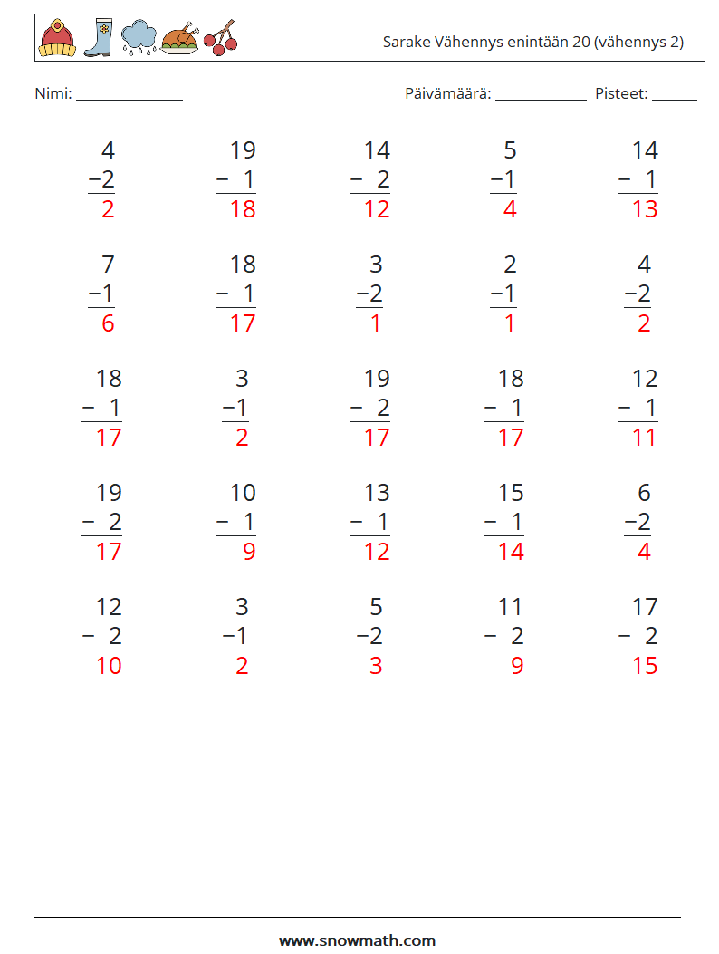 (25) Sarake Vähennys enintään 20 (vähennys 2) Matematiikan laskentataulukot 18 Kysymys, vastaus