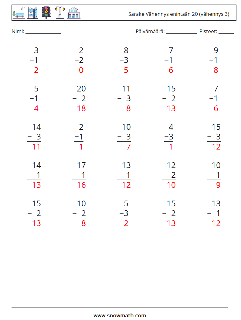 (25) Sarake Vähennys enintään 20 (vähennys 3) Matematiikan laskentataulukot 12 Kysymys, vastaus