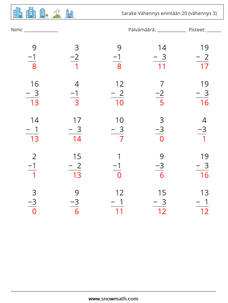 (25) Sarake Vähennys enintään 20 (vähennys 3) Matematiikan laskentataulukot 14 Kysymys, vastaus