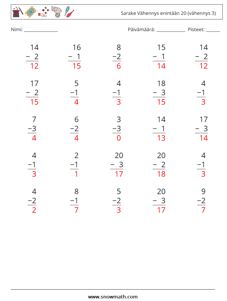 (25) Sarake Vähennys enintään 20 (vähennys 3) Matematiikan laskentataulukot 15 Kysymys, vastaus