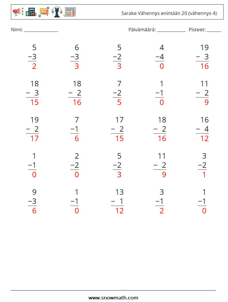 (25) Sarake Vähennys enintään 20 (vähennys 4) Matematiikan laskentataulukot 11 Kysymys, vastaus