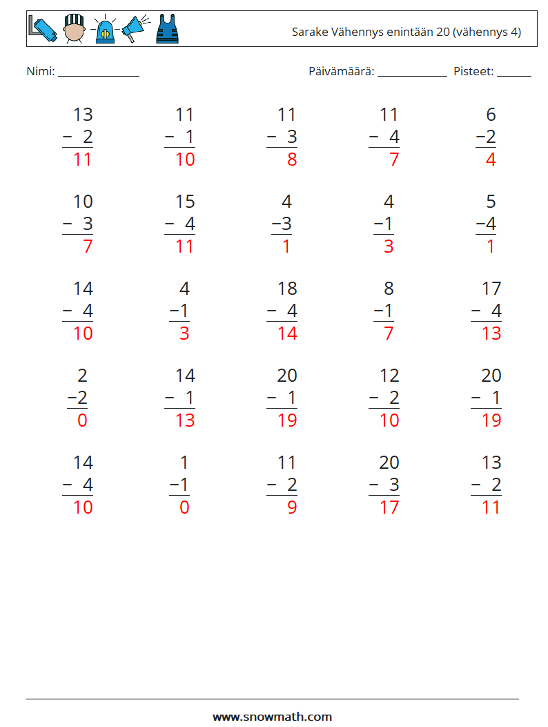 (25) Sarake Vähennys enintään 20 (vähennys 4) Matematiikan laskentataulukot 15 Kysymys, vastaus