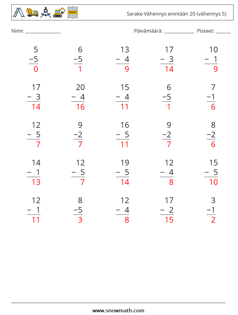 (25) Sarake Vähennys enintään 20 (vähennys 5) Matematiikan laskentataulukot 13 Kysymys, vastaus