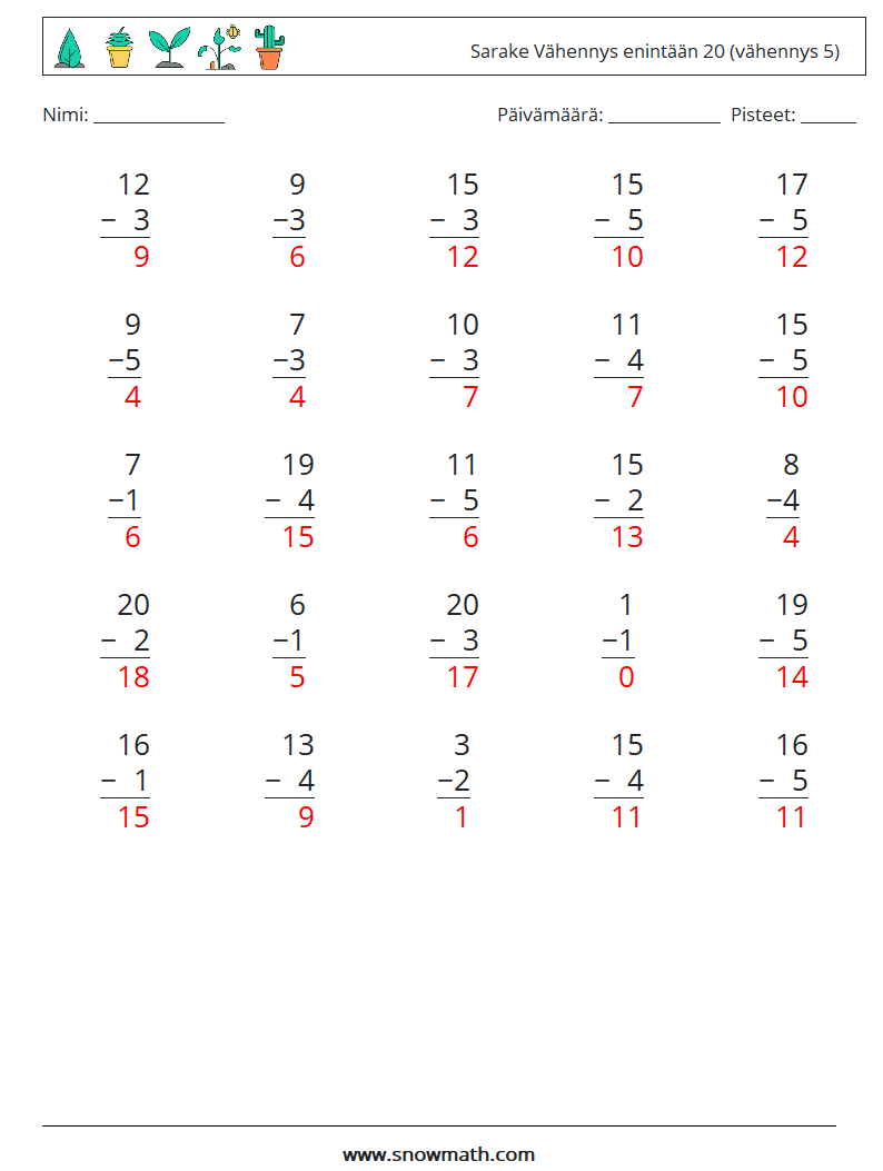 (25) Sarake Vähennys enintään 20 (vähennys 5) Matematiikan laskentataulukot 15 Kysymys, vastaus