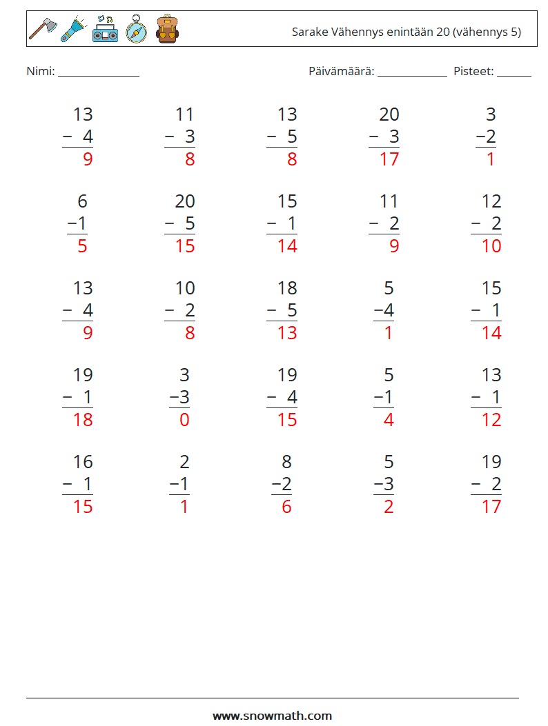 (25) Sarake Vähennys enintään 20 (vähennys 5) Matematiikan laskentataulukot 16 Kysymys, vastaus