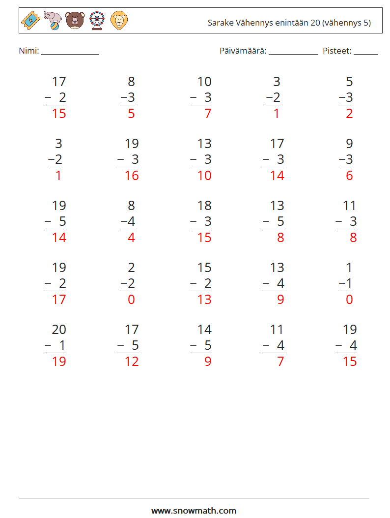 (25) Sarake Vähennys enintään 20 (vähennys 5) Matematiikan laskentataulukot 17 Kysymys, vastaus