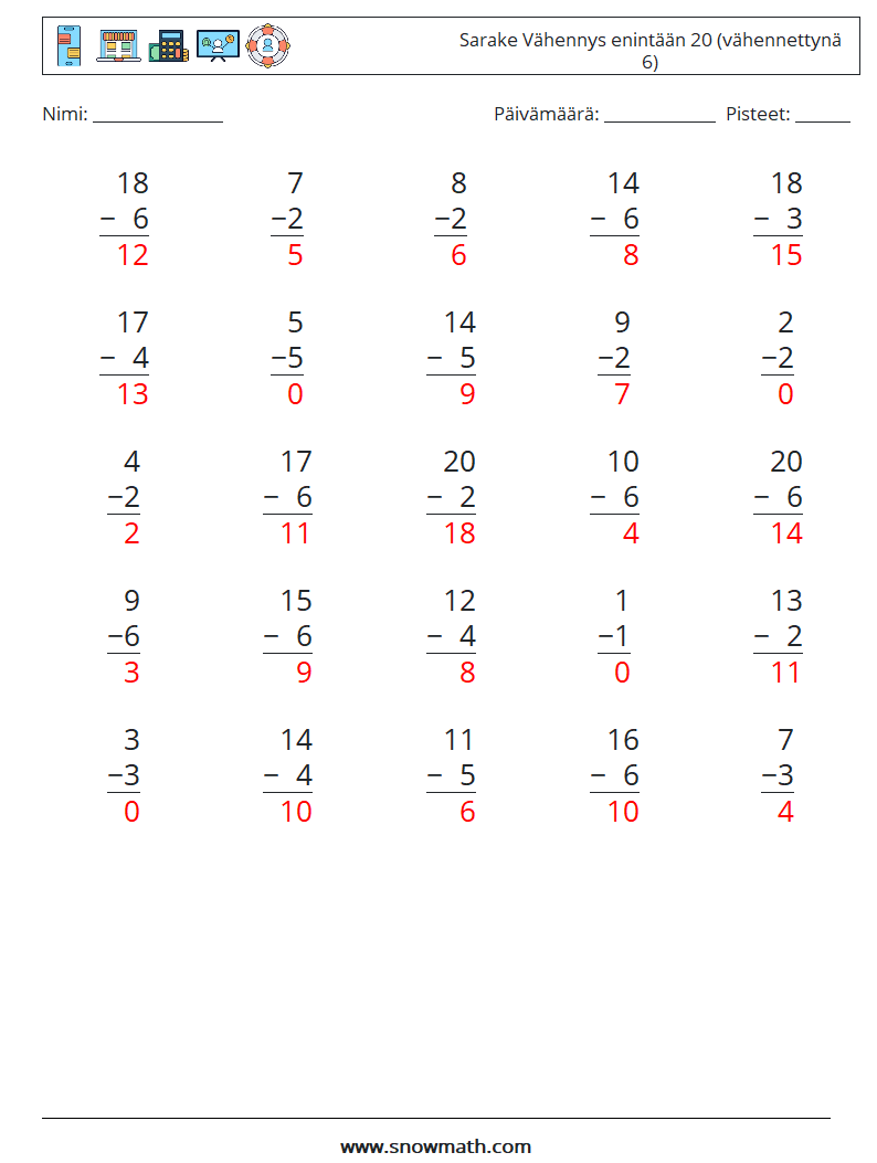 (25) Sarake Vähennys enintään 20 (vähennettynä 6) Matematiikan laskentataulukot 13 Kysymys, vastaus