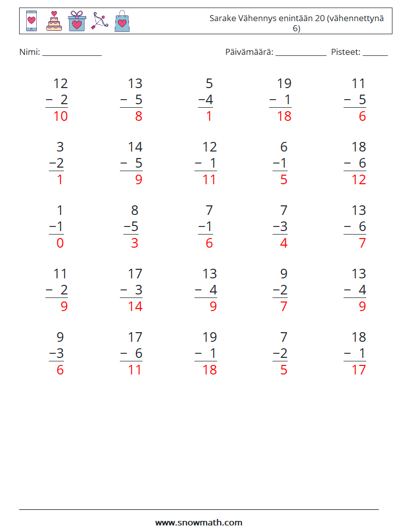 (25) Sarake Vähennys enintään 20 (vähennettynä 6) Matematiikan laskentataulukot 15 Kysymys, vastaus