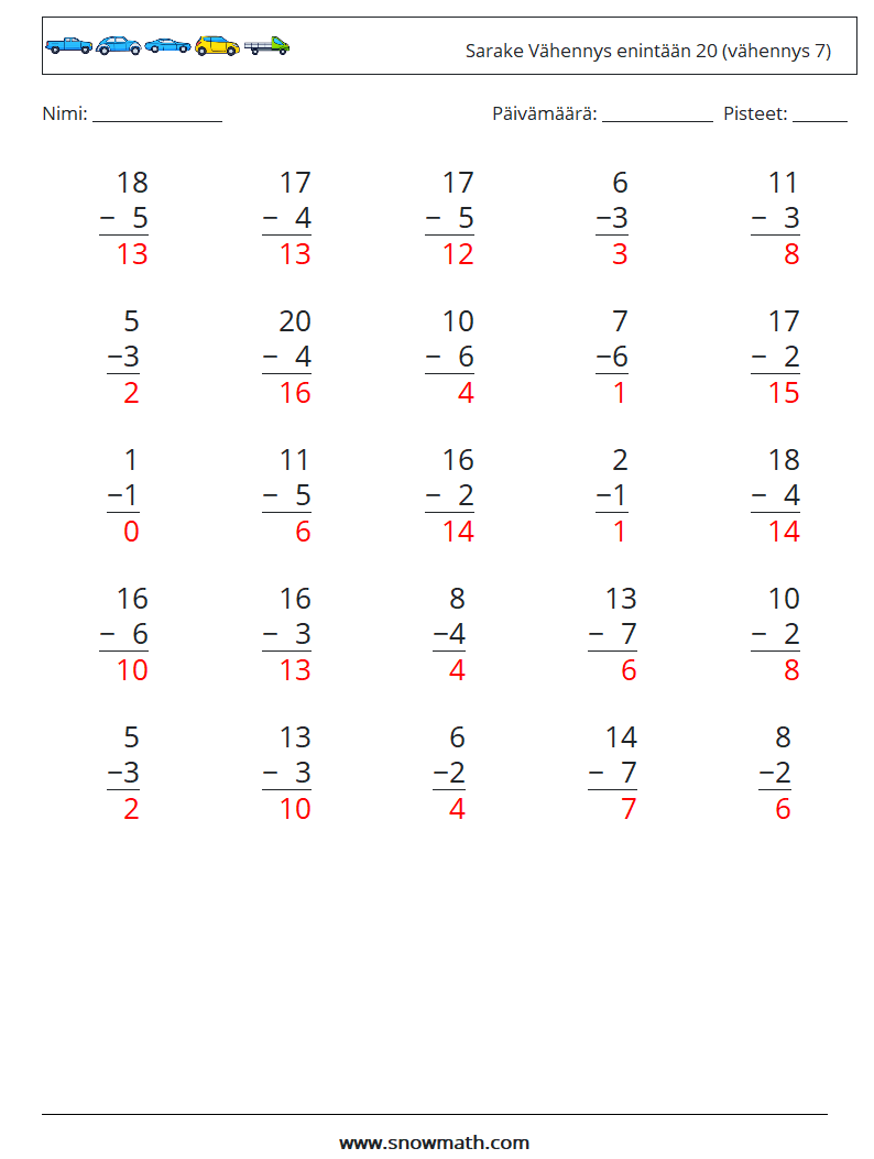 (25) Sarake Vähennys enintään 20 (vähennys 7) Matematiikan laskentataulukot 10 Kysymys, vastaus