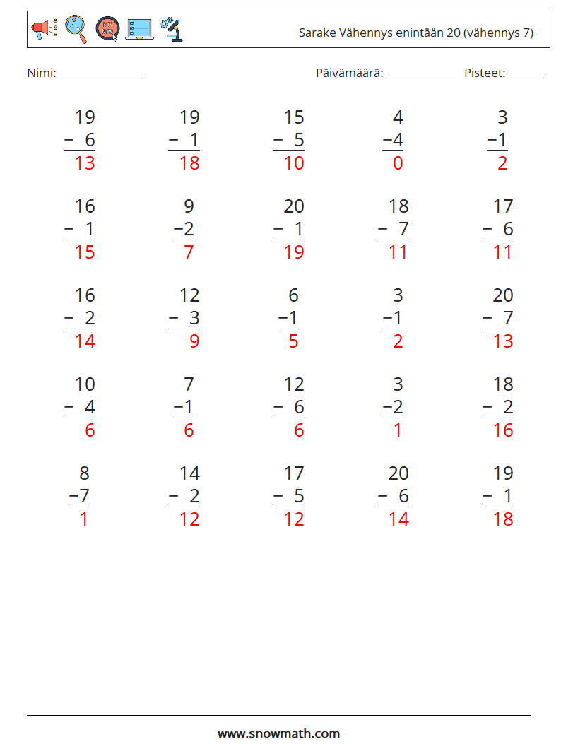 (25) Sarake Vähennys enintään 20 (vähennys 7) Matematiikan laskentataulukot 11 Kysymys, vastaus