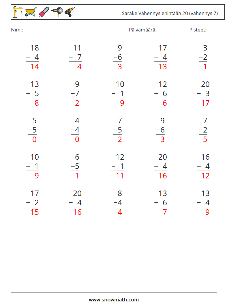 (25) Sarake Vähennys enintään 20 (vähennys 7) Matematiikan laskentataulukot 12 Kysymys, vastaus