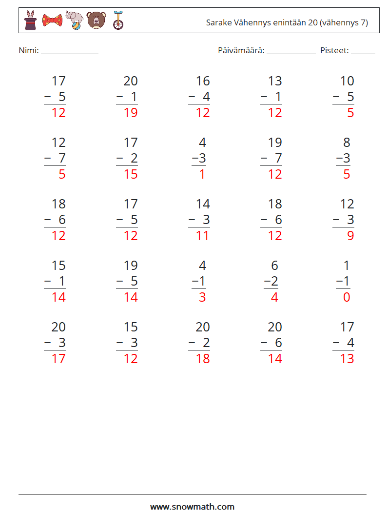 (25) Sarake Vähennys enintään 20 (vähennys 7) Matematiikan laskentataulukot 13 Kysymys, vastaus