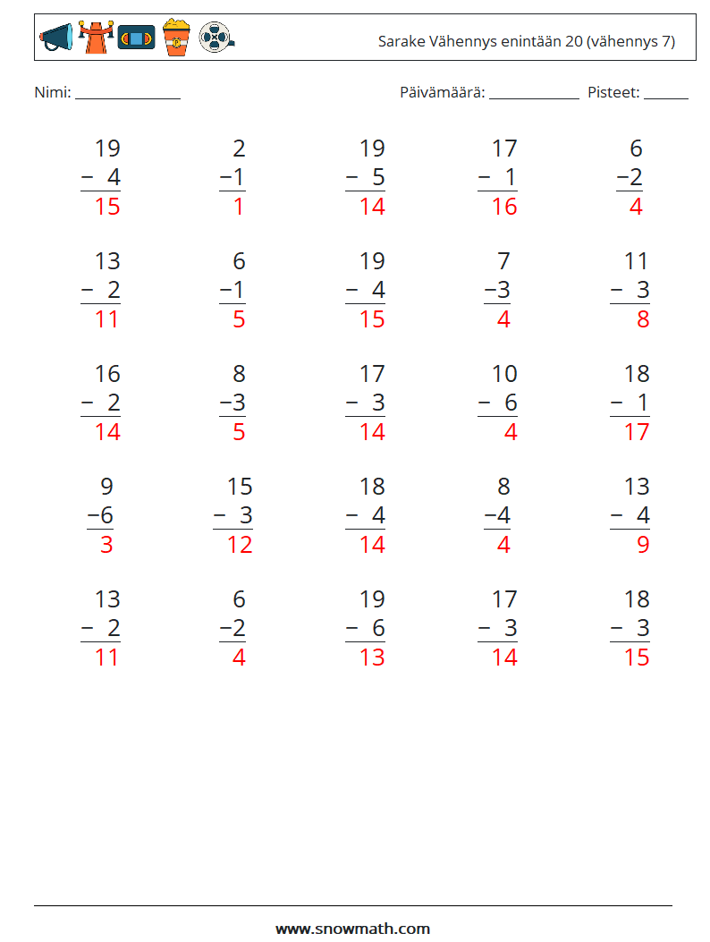 (25) Sarake Vähennys enintään 20 (vähennys 7) Matematiikan laskentataulukot 14 Kysymys, vastaus