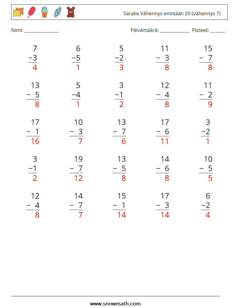 (25) Sarake Vähennys enintään 20 (vähennys 7) Matematiikan laskentataulukot 15 Kysymys, vastaus