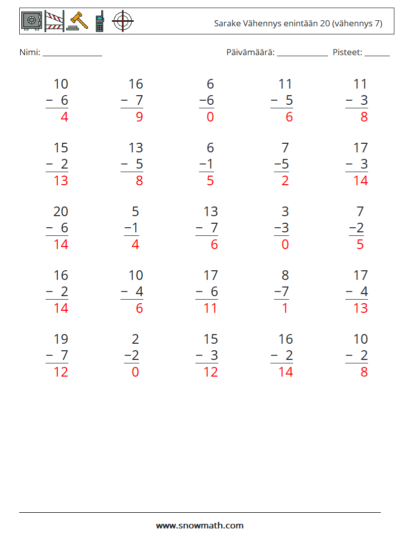 (25) Sarake Vähennys enintään 20 (vähennys 7) Matematiikan laskentataulukot 16 Kysymys, vastaus