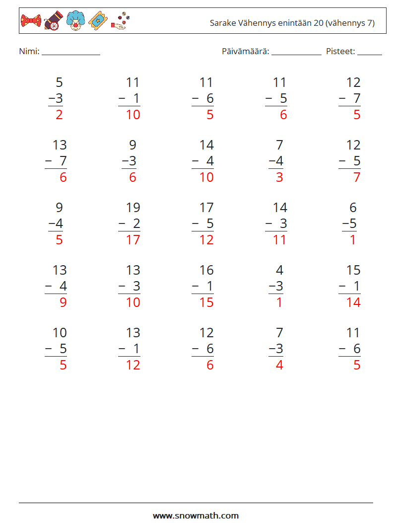 (25) Sarake Vähennys enintään 20 (vähennys 7) Matematiikan laskentataulukot 17 Kysymys, vastaus