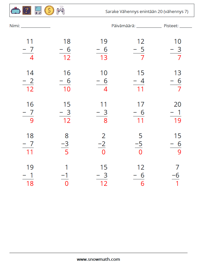 (25) Sarake Vähennys enintään 20 (vähennys 7) Matematiikan laskentataulukot 18 Kysymys, vastaus