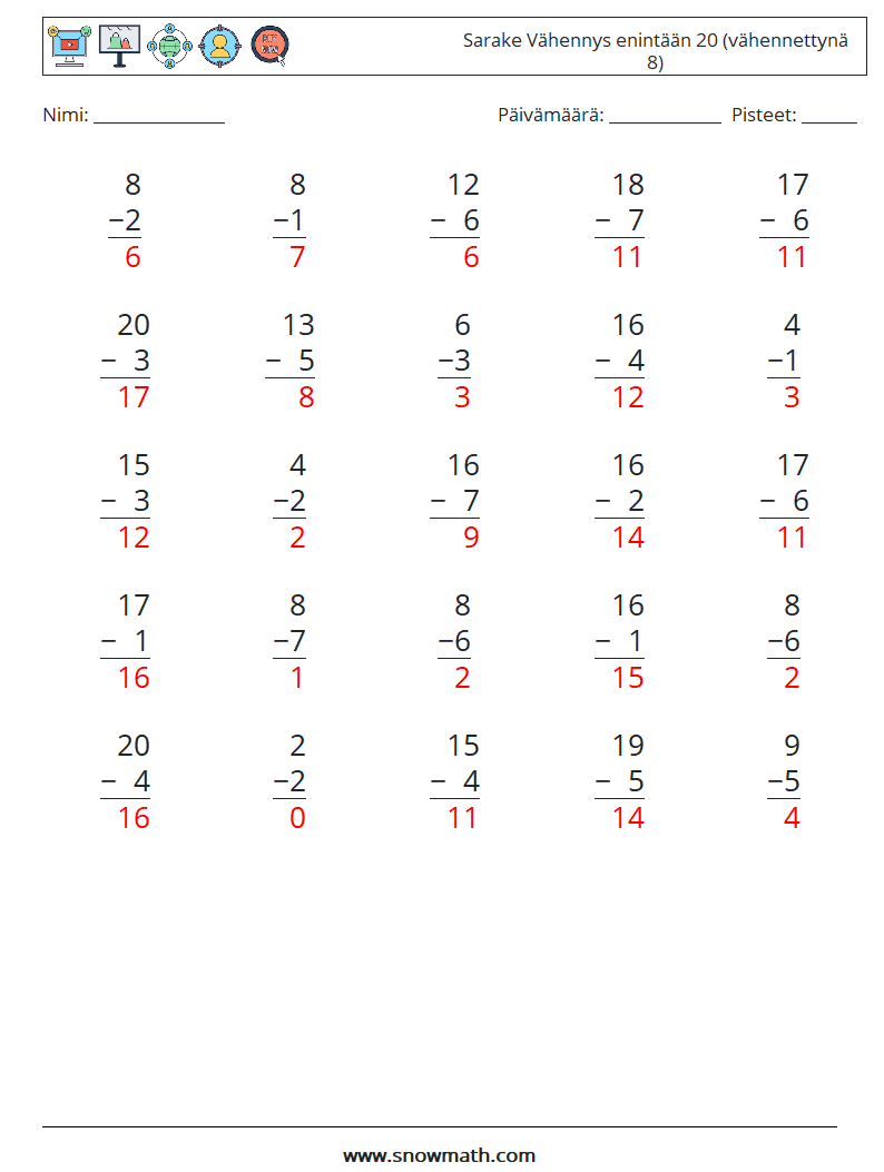 (25) Sarake Vähennys enintään 20 (vähennettynä 8) Matematiikan laskentataulukot 10 Kysymys, vastaus