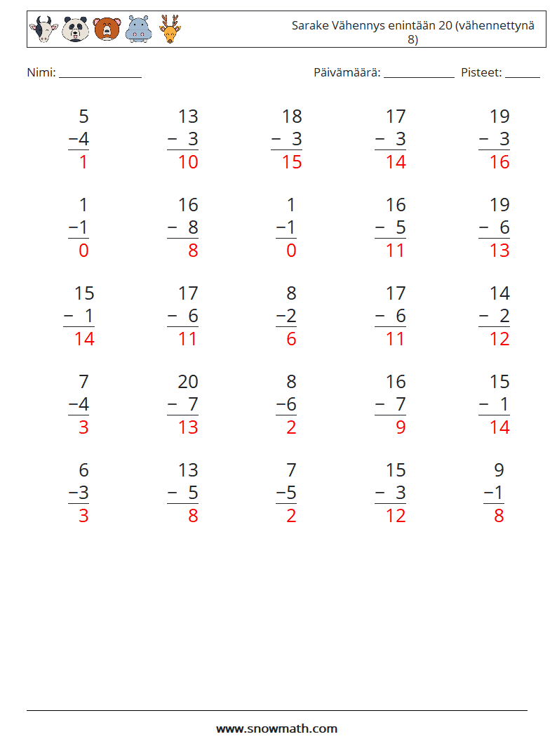 (25) Sarake Vähennys enintään 20 (vähennettynä 8) Matematiikan laskentataulukot 11 Kysymys, vastaus