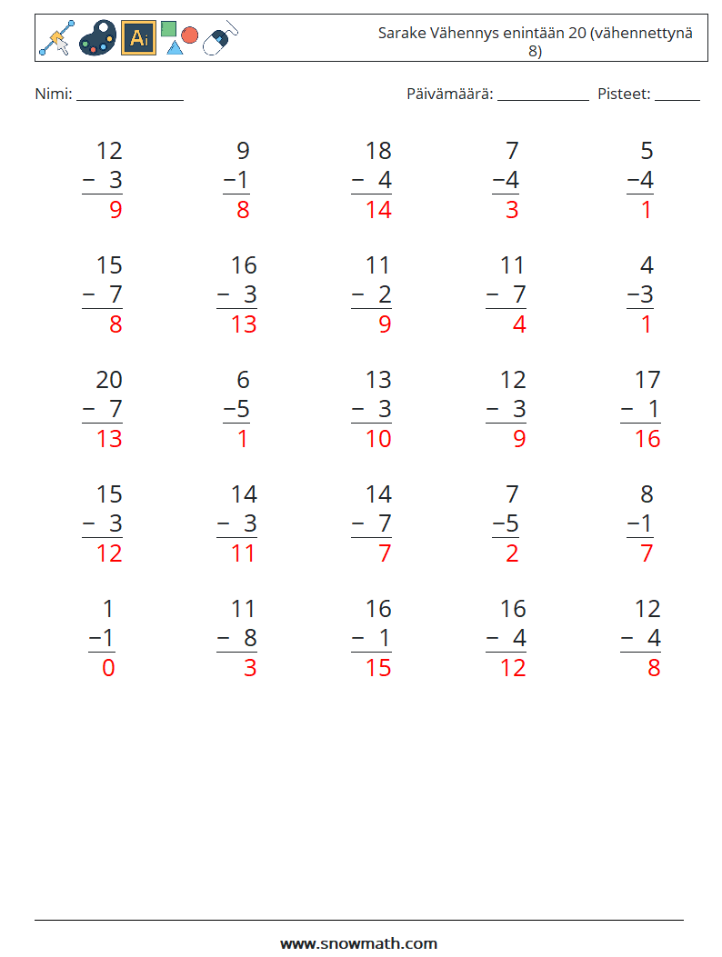 (25) Sarake Vähennys enintään 20 (vähennettynä 8) Matematiikan laskentataulukot 12 Kysymys, vastaus