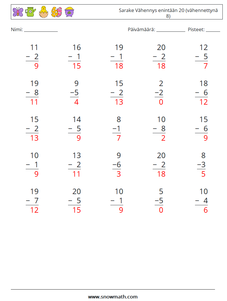 (25) Sarake Vähennys enintään 20 (vähennettynä 8) Matematiikan laskentataulukot 13 Kysymys, vastaus